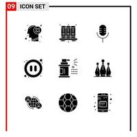 9 glyphes solides vectoriels thématiques et symboles modifiables de bloc-notes pause bouteille multimédia montrent des éléments de conception vectoriels modifiables vecteur