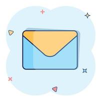 icône d'enveloppe de courrier dans le style comique. recevoir le pictogramme d'illustration de dessin animé de vecteur de spam de lettre d'email. effet d'éclaboussure du concept d'entreprise de communication par courrier.