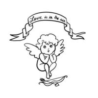 cupidon volant ou amour avec arc et flèche. bébé ailé dieu de l'amour eros. croquis à l'encre de doodle linéaire dessiné à la main. illustration vectorielle isolée. vecteur