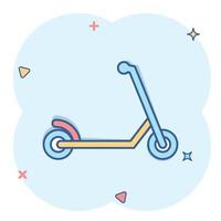 icône de scooter électrique dans le style comique. illustration de vecteur de dessin animé de vélo sur fond blanc isolé. concept d'entreprise d'effet d'éclaboussure de transport.