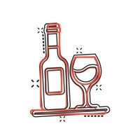 verre à vin et icône de bouteille dans le style comique. illustration de vecteur de dessin animé de boisson champagne sur fond isolé. concept d'entreprise de signe d'effet d'éclaboussure de boisson cocktail.
