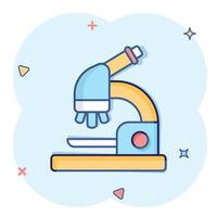 icône de microscope dans le style comique. illustration de vecteur de dessin animé de loupe de laboratoire sur fond isolé. concept d'entreprise de signe d'effet d'éclaboussure d'instrument de biologie.