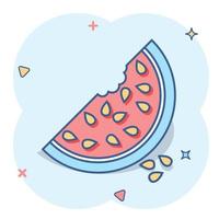 icône de pastèque de dessin animé dans le style comique. pictogramme d'illustration de signe de fruits mûrs juteux. concept d'entreprise d'éclaboussure de dessert. vecteur