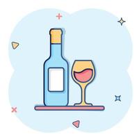 verre à vin et icône de bouteille dans le style comique. illustration de vecteur de dessin animé de boisson champagne sur fond isolé. concept d'entreprise de signe d'effet d'éclaboussure de boisson cocktail.