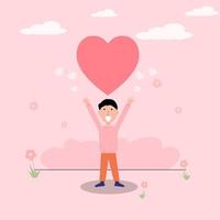 illustration vectorielle homme montrer coeur de ballon avec le sourire de l'amant se tenir dans le concept de la saint-valentin de jardin vecteur