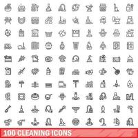 Ensemble de 100 icônes de nettoyage, style de contour vecteur