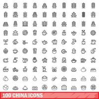 Ensemble de 100 icônes de Chine, style de contour vecteur