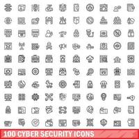 Ensemble de 100 icônes de cybersécurité, style de contour vecteur