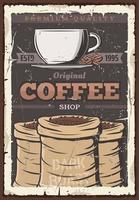 tasse à café et haricots en sac, affiche vectorielle vintage vecteur