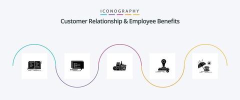 pack d'icônes glyphe 5 de la relation client et des avantages sociaux des employés, y compris le logo. cloner. écrivez. timbre. éléments vecteur