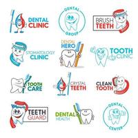 clinique dentaire, icônes de dent et de brosse à dents de dessin animé vecteur