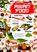 rouleaux de sushi asiatiques, menu de cuisine japonaise de fruits de mer vecteur