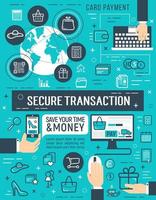 affiche de vecteur de transaction d'argent en ligne sécurisée