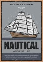affiche rétro aventure nautique avec bateau en bois vecteur