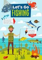 affiche de sport de pêche, poisson et pêcheur vecteur