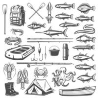 équipement de pêche, agrès et icônes de poisson vecteur