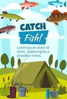 vecteur de pêche et camping, tente et poissons