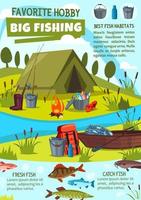 affiche de passe-temps de pêche avec camp de pêcheurs au bord du lac vecteur