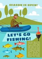 affiche de sport de pêche avec pêcheur, poisson et canne vecteur