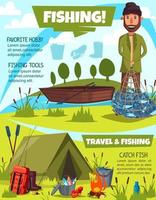 affiche de sport de pêche avec pêcheur et camping vecteur
