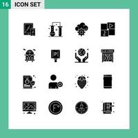 interface mobile glyphe solide ensemble de 16 pictogrammes de lecteur de bus science de la matière technologie vidéo éléments de conception vectoriels modifiables vecteur