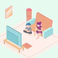 frères et sœurs s'amusent à jouer à des jeux sur console. jouer à la console de jeu dans le salon. illustration vectorielle plane. vecteur