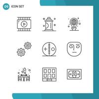 groupe de 9 contours signes et symboles pour les options de poupée engrenages de pulvérisation ampoule éléments de conception vectoriels modifiables vecteur