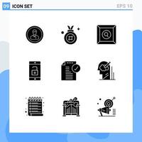 9 concept de glyphe solide pour les sites Web mobiles et les applications déverrouillent les éléments de conception vectoriels modifiables du produit d'application de badge de récompense mobile vecteur