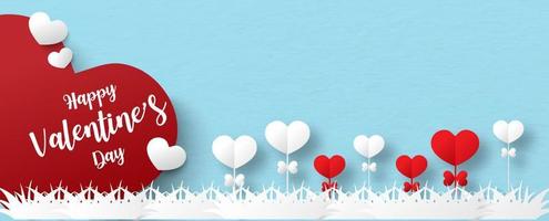 gros plan et recadrage de grands petits coeurs rouges et blancs avec le lettrage de la Saint-Valentin heureuse, avec des fleurs de coeur rouges et blanches sur fond bleu. bannière web de la saint-valentin dans la conception de vecteur de papier découpé.