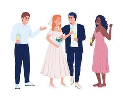 jeunes mariés célébrant l'événement de mariage avec des amis personnages vectoriels de couleur semi-plats. chiffres modifiables. personnes de tout le corps sur blanc. illustration de style dessin animé simple pour la conception graphique et l'animation web vecteur