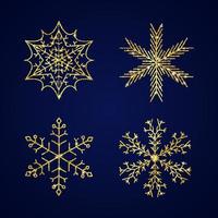 flocons de neige scintillants d'or. ensemble de quatre flocons de neige scintillants d'or sur fond bleu. éléments de décoration de noël et du nouvel an. illustration vectorielle. vecteur