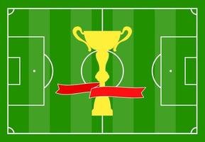 terrain de football avec herbe verte et avec une coupe d'or avec un ruban rouge. illustration vectorielle vecteur
