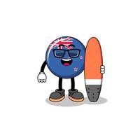 caricature de mascotte du drapeau néo-zélandais en tant que surfeur vecteur