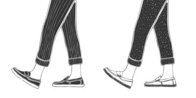 pieds masculins dans les chaussures et les pantalons. mocassins pour hommes. jambes masculines de style dessinés à la main. image vectorielle vecteur