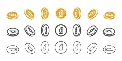 pièces de monnaie en dong vietnamien. rotation des icônes à différents angles pour l'animation. pièces en isométrique. illustration vectorielle vecteur