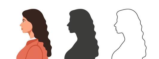 visage de fille de côté. silhouettes de personnes dans trois styles différents. profil d'un visage. illustration vectorielle vecteur