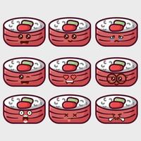 sushi roll émoticônes visage kawaii vecteur