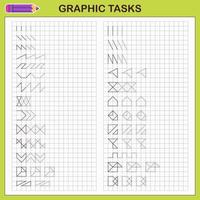 tâches graphiques. jeu éducatif pour les enfants d'âge préscolaire. des feuilles de travail pour pratiquer la logique et la motricité. jeu pour enfants. tâches graphiques avec différents objets et éléments. illustration vectorielle vecteur