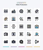pack d'icônes remplies de 25 lignes de production vidéo créative telles que l'imagination. vue. photographe. moulinet d'époque. bobine de film vecteur