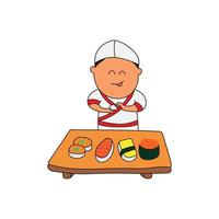 enfants dessinant une illustration vectorielle d'un chef faisant différents types de sushis vecteur