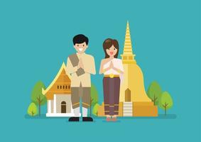 homme et femme thaïlandais portant une robe thaïlandaise typique avec un temple en arrière-plan vecteur