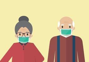 homme âgé et femme portant des masques médicaux vecteur