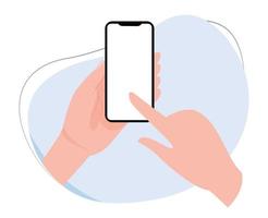 smartphone avec écran vide. main tenant le smartphone. écran tactile au doigt. illustration vectorielle plane d'une main tenant un smartphone. modèle de vecteur de téléphone portable