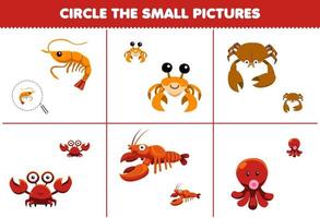 jeu éducatif pour les enfants cercle la petite image de dessin animé mignon crevette crabe homard poulpe feuille de travail sous-marine imprimable vecteur