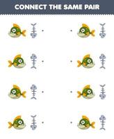 jeu éducatif pour les enfants connectez la même image de dessin animé mignon piranha et paire d'os de poisson feuille de travail sous-marine imprimable vecteur
