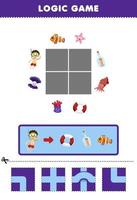 jeu éducatif pour les enfants puzzle logique construire la route pour le plongeur se déplacer vers la bouée de sauvetage et le poisson feuille de travail sous-marine imprimable vecteur