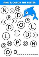 jeu éducatif pour les enfants trouver et colorier la lettre d pour la feuille de travail sous-marine imprimable de dauphin vecteur