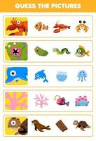 jeu éducatif pour les enfants devinez les bonnes images de dessin animé mignon homard concombre de mer dauphin tortue de corail feuille de travail sous-marine imprimable vecteur