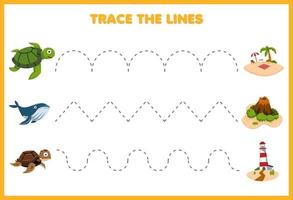 jeu éducatif pour les enfants pratique de l'écriture tracer les lignes avec une jolie tortue de dessin animé se déplacer vers la feuille de travail sous-marine de l'île vecteur