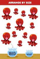 jeu éducatif pour les enfants organiser par taille grande ou petite mettez-le dans le bocal à poissons de la feuille de travail sous-marine imprimable de pieuvre de dessin animé mignon vecteur